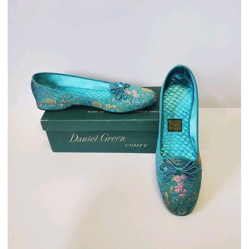Vintage 60s Daniel Green Blue Gold Floral Brocade Slippers Shoes 8N 2480